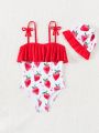 Young Girls' Strawberry Print Ruffled Cami One-Piece Swimsuit And Swim Cap