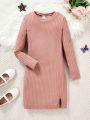 SHEIN Kids Cooltwn Big Girls' Casual Sports Style Solid Color Knitted Round Neck Long Sleeved Dress