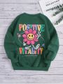 SHEIN Kids Cooltwn Tween Girl Floral & Slogan Graphic Thermal Lined Pullover