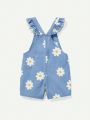 Cozy Cub Baby Girls' Denim & Floral Pattern Shortalls With Flutter Sleeves
