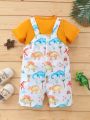 Baby Boy Round Neck Short Sleeve T-Shirt And Cartoon Animal Print Suspenders Romper Two Piece Set, Summer