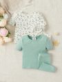 SHEIN 4pcs/Set Baby Girls' Casual Comfortable Round Neck Short Sleeve T-Shirt And Shorts Pajamas