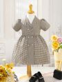 SHEIN Kids EVRYDAY Little Girls' Stylish Classic Plaid Korean-Style Waist-Cinched Dress