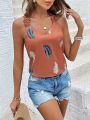 SHEIN Frenchy Feather Print Spliced Lace Camisole With Wide Shoulder Straps