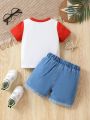 2pcs Baby Boys' Round-Neck Contrasting Letter Print T-Shirt And Denim Shorts Set, Trendy And Stylish