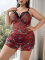 Plus Size Lace Trimmed Floral Pattern Sexy Cami Dress With Thong