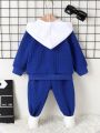 Baby Boys' Long Sleeve Hooded Sweatshirt Set With Letter Patch And Color Block Design, 3pcs