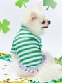 PETSIN Pet Green Striped St. Patrick's Day T-Shirt With Ruffled Hem And Purple Lace Trim