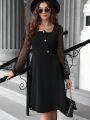 EMERY ROSE Women's Patchwork Mesh & Button Detail Casual Dress