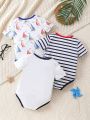 Baby Boy 3pcs Cute Boat Sail & Stripe Pattern Short Sleeve Romper, Spring/Summer Casual