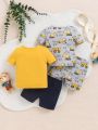 SHEIN 4pcs Baby Boys' Alphabet & Excavator Pattern Round Neck Short Sleeve T-shirt And Shorts Set