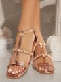 Women's Fashionable Flat Sandals With Faux Pearls Decoration