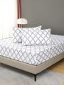 3pcs Fitted Sheet Set With Polyester Brushed Surface And Geometric Elements, Include 1 Fitted Sheet And 2 Pillowcases
