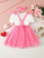 SHEIN Kids Y2Kool Little Girl's Lovely & Cool Pink Mesh Dress With Heart & Ruffle Detail