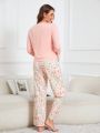 Valentines Women'S Round Neck Long Sleeve Top And Floral Print Trousers Pajama Set
