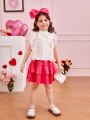 SHEIN Kids CHARMNG Little Girls' Stand Collar Shirt With Detachable Bow And Lace Decor On Both Sides