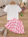 SHEIN Kids Cooltwn Young Girls' Casual Round Neck Top With Matching Skirt Set For Spring/Summer