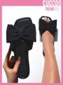 Cuccoo Everyday Collection Women Bow Decor Single Band Open Toe Slide Sandals, Fashionable Outdoor Fabric Flat Sandals