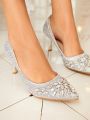 SHEIN Belle Rhinestone Decor Glitter Women's Fashionable Silver High Heel Pumps