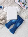 2pcs Baby Girl Bubble Short Sleeve Round Neck Top And Denim Flared Trousers Set
