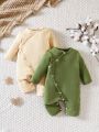 SHEIN Newborn Baby 2pcs Button Front Ribbed Knit Jumpsuit