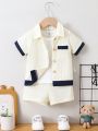 Baby Boys' Elegant Knitted Waffle Check Apricot Color Turn-Down Collar Cardigan And Shorts Set
