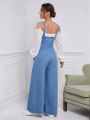 SHEIN Frenchy Button Front Wide Leg Denim Overalls Without Top
