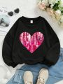 Little Girls' Casual Long Sleeve Sequined Heart Print Fleece Lined Round Neck Sweatshirt, Suitable For Autumn And Winter