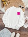 Teen Girls' Casual Fleece Lined Round Neck Sweatshirt With Smiling Face Print, Suitable For Autumn And Winter