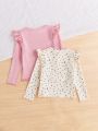 SHEIN Kids Nujoom 2pcs/Set Toddler Girls' Casual Flying Sleeve & Unicorn & Polka Dot Print Long Sleeves T-Shirt
