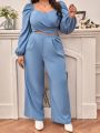SHEIN Frenchy Plus Size  Lantern Sleeve Shirred Back Crop Top & Pants Set