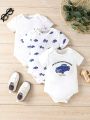 3pcs/Set Infant Boys' Casual Short Sleeve Romper With Car Print And Hat, Summer