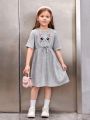 SHEIN Kids Nujoom Little Girls' Elegant Cat Embroidery Tiered Dress With Waist Belt And Bowknot