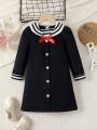 SHEIN Kids CHARMNG Little Girls' Contrast Stripe Navy Collar Dress With Bowknot Decoration