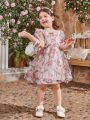 SHEIN Kids FANZEY Young Girls' Square Neckline Bubble Sleeves Dress With Large Back Bow & Floral Lace Overlay