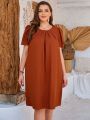 EMERY ROSE Plus Size Solid Color Pleated Puff Sleeve Dress