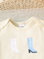 SHEIN Newborn Baby Girls' Casual Shoe Print Short Sleeve Romper, Daily Summer Style