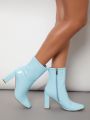 Faux Patent Leather Square Toe Zip Block Heel Boots