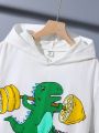 SHEIN Tween Boys' Casual Cute Weightlifting Dinosaur Print Hooded Short Sleeve Top And Shorts Knitwear Set