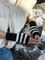 DAZY Fluffy Regular Knitted Striped Fingerless Gloves
