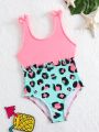 Young Girls' Leopard Print One Piece Swimsuit With Bow Detailing