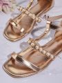 Women's Fashionable Flat Sandals With Faux Pearls Decoration