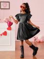SHEIN Kids Cooltwn Big Girls' Street Style Solid Color Pu Dress With Ruffle Hem