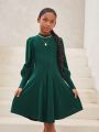 SHEIN Kids Cooltwn Teen Girls' Sporty Knit Solid Color Stand Collar Long Sleeve Dress For Streetwear