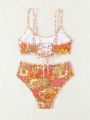SHEIN Swim Vcay Women's Floral Printed Round Neck Swimsuit Set