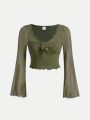 SHEIN Teen Girl Knitted Solid Color Mesh Bell Sleeve T-Shirt With Bow Tie