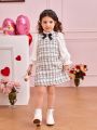 SHEIN Kids FANZEY Young Girl Elegant Stand Collar Dress With Ruffle Trim And Bow Decor