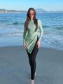 SHEIN Swim Mulvari Women's Solid Color Bikini With Pleated Waist Detail And Long Pants