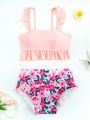 Tween Girls' Ruffled Floral Printed Swimsuit With Swim Cap