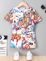 SHEIN Kids EVRYDAY Boys'(Toddler) Bear Printed Round Neck T-Shirt And Shorts Set
